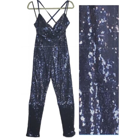 Swifty Blue Sequined Strappy Jumpsuit Party Club Dance Holiday Open Back XS/S - Picture 1 of 15
